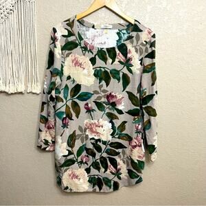 Puo Dou Dou Women sz M tunic length top Linen Blend Floral top